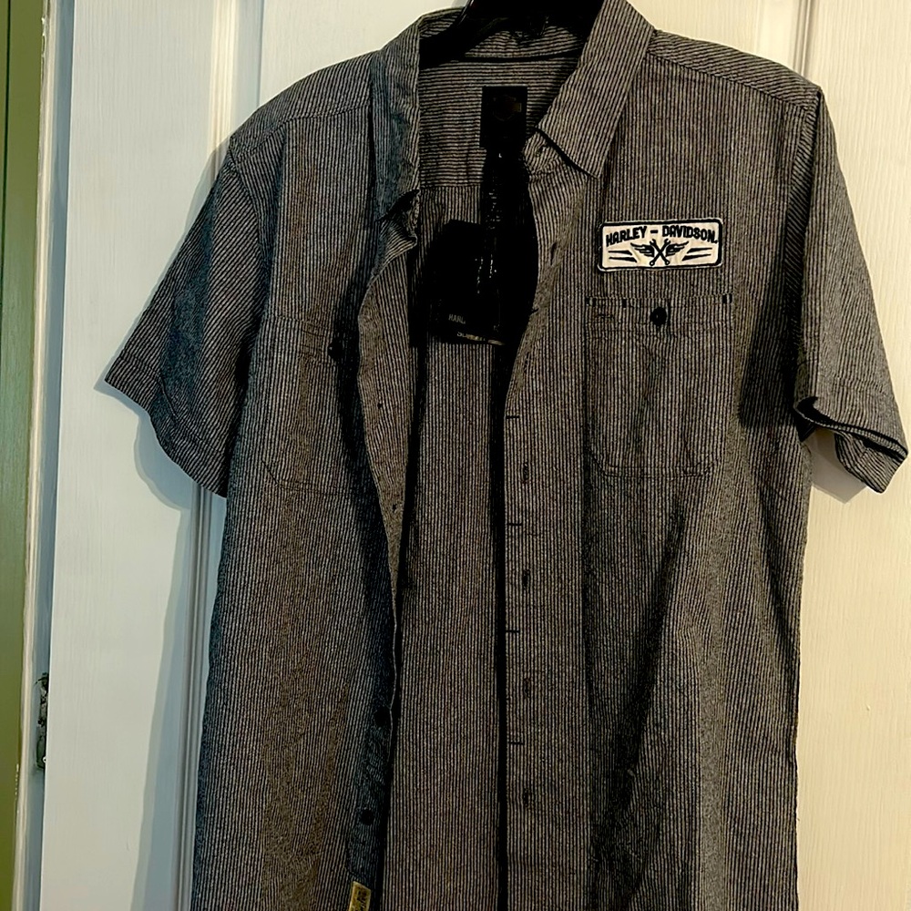 NWT Harley Davidson men’s micro stripe mechcanic grey slim fit Size Large